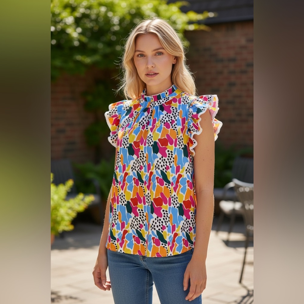Colorful Ruffled Cap Sleeved Blouse XL EUC